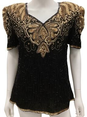 Mark & John VTG Top Women’s Size Medium Beaded Silk and Sequins in Black & Gold